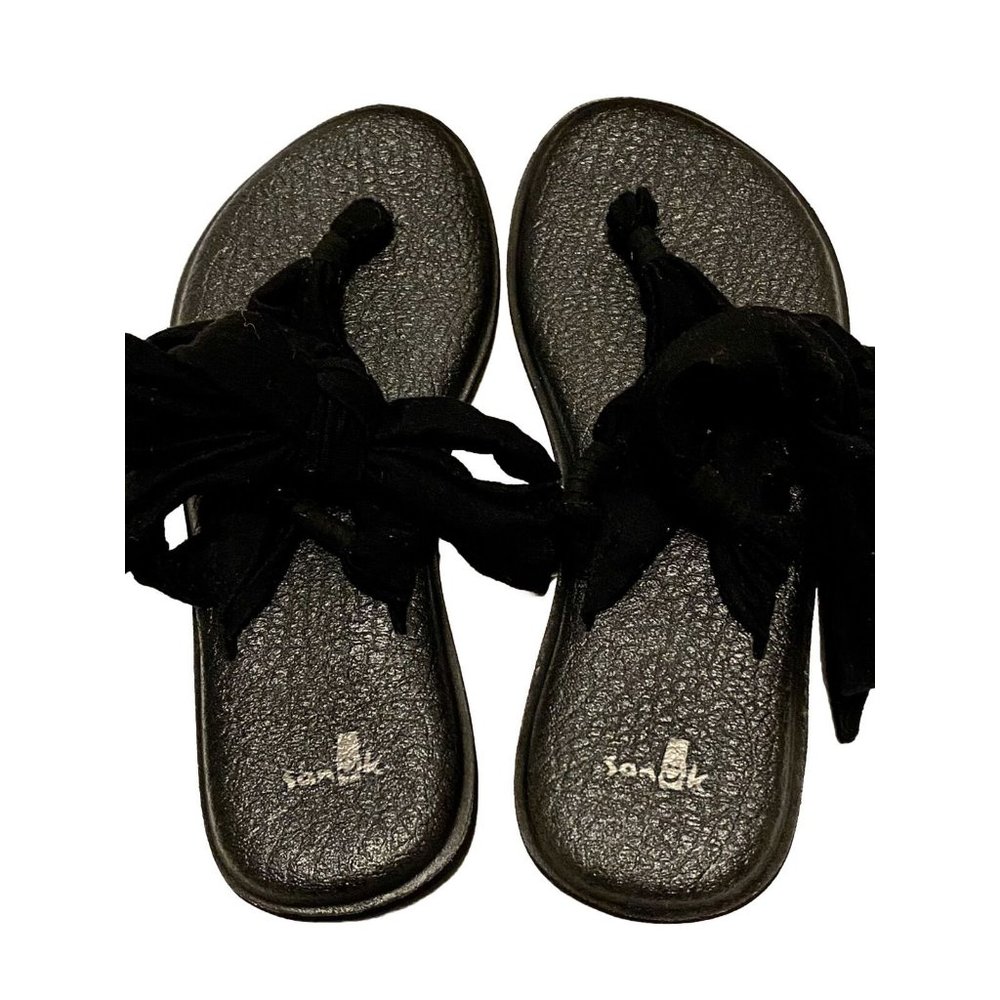 Sanuk Women 7 Black Sandals Yoga Mat Sling Slingback Ankle Tie Up Casual Flats
